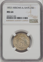 1853 25c Arrows and Rays Seated Quarter NGC MS64