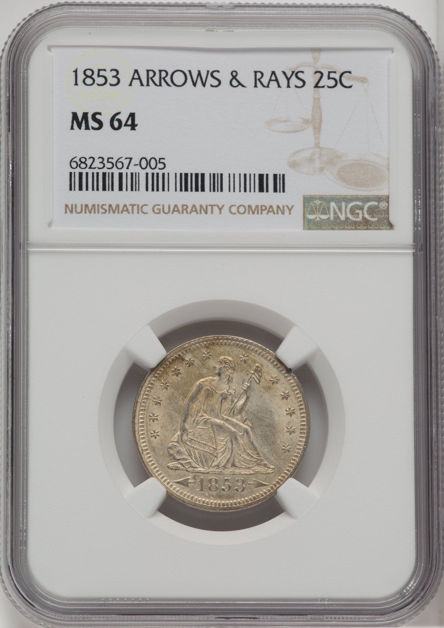 1853 25c Arrows and Rays Seated Quarter NGC MS64