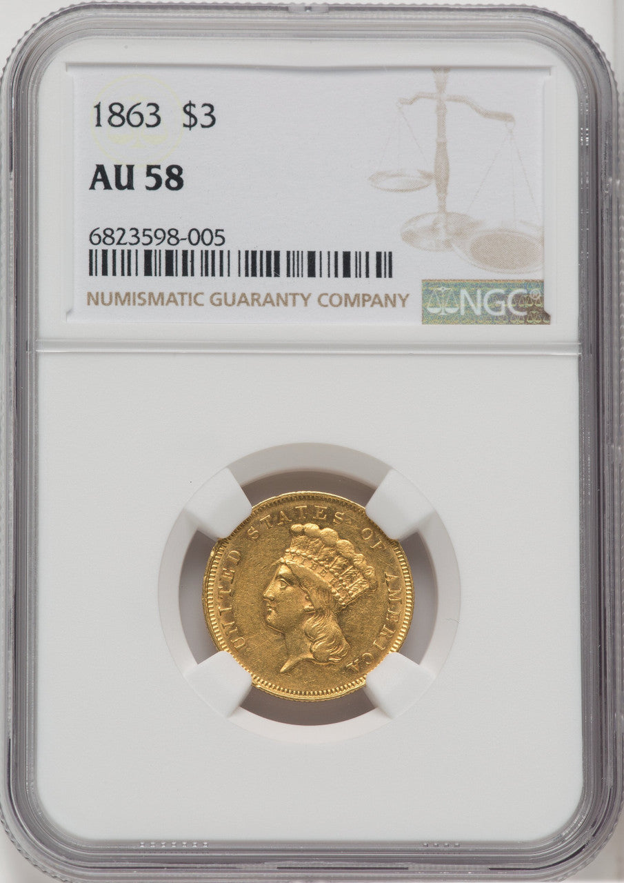 1863 $3 Three Dollar Gold Pieces NGC AU58