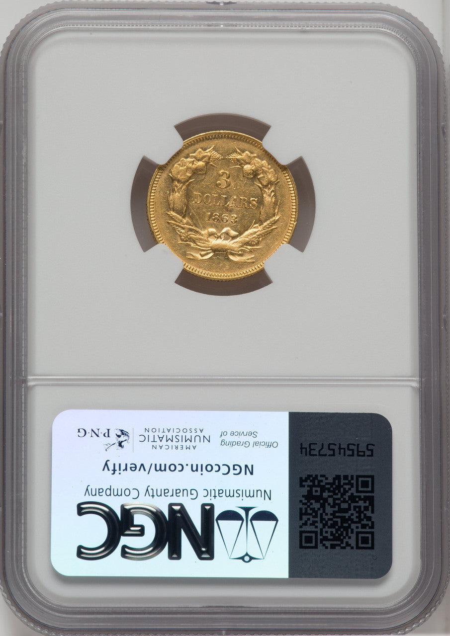 1863 $3 Three Dollar Gold Pieces NGC AU58
