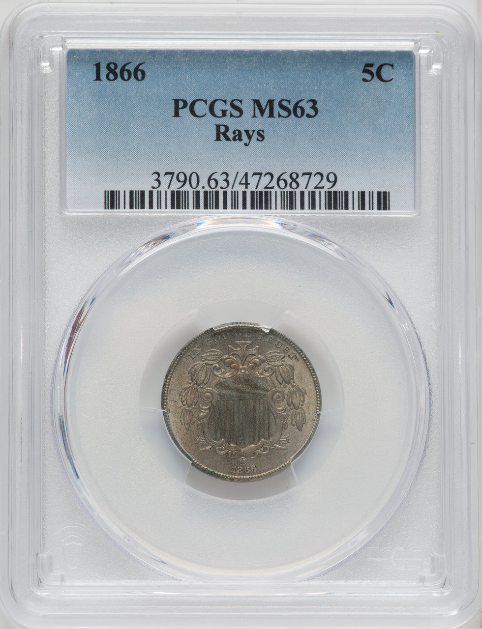 1866 5C RAYS Shield Nickel PCGS MS63