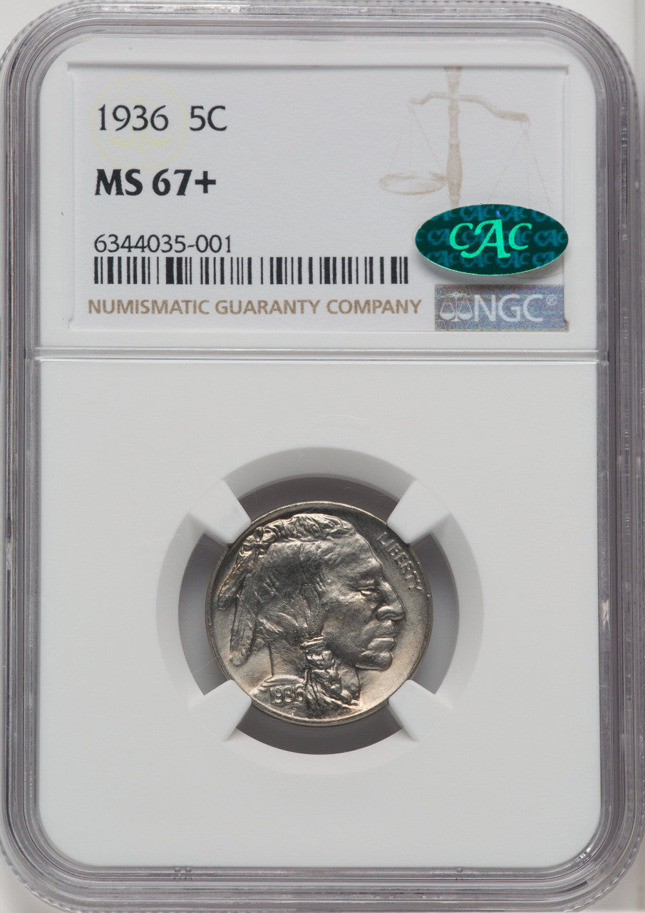 1936 5C CAC Buffalo Nickel NGC MS67+