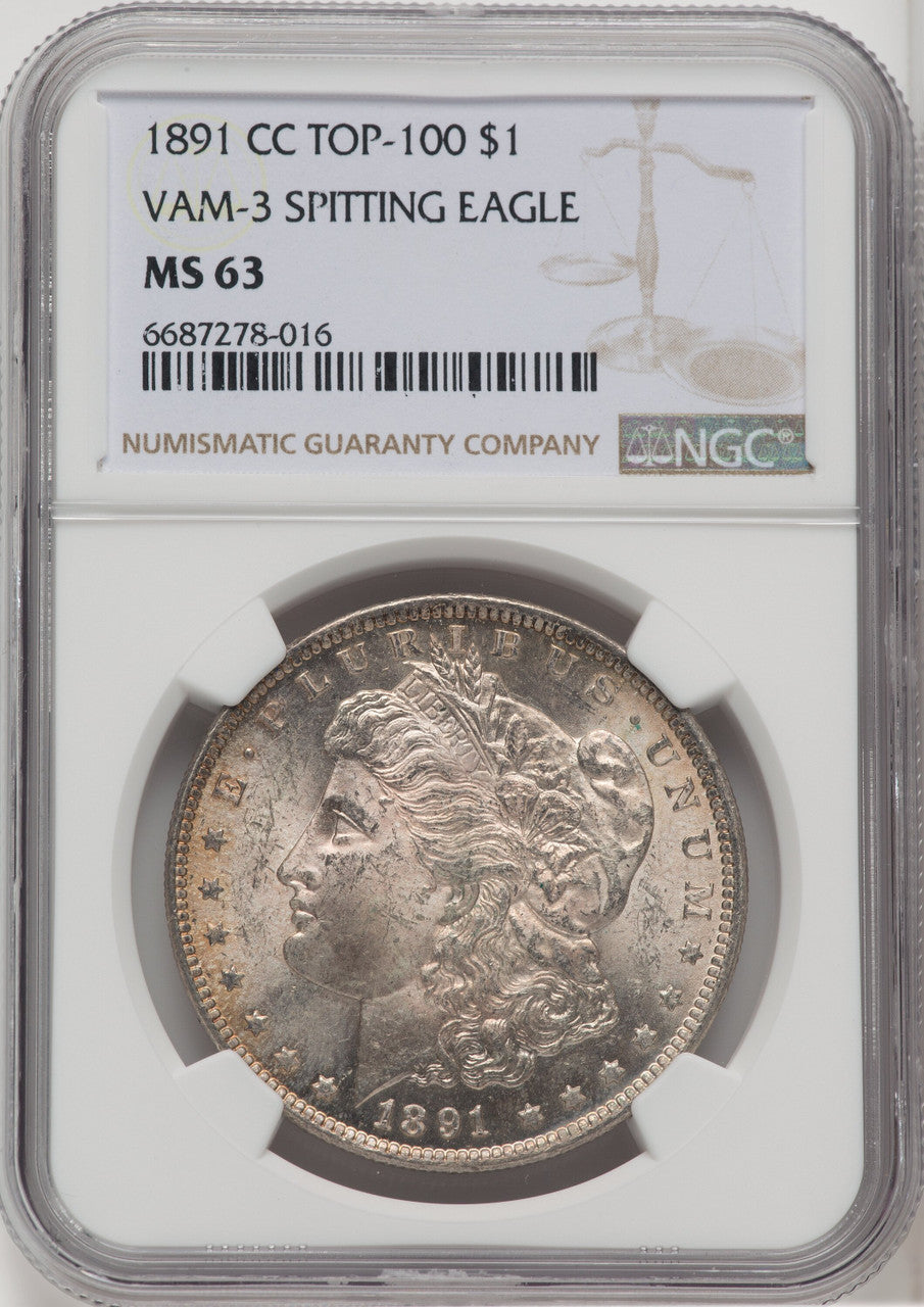 1891-CC $1 VAM-3 Spitting Eagle Morgan Dollar NGC MS63