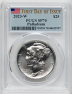 2023-W $25 Palladium First Day of Issue FDI Flag PCGS SP70