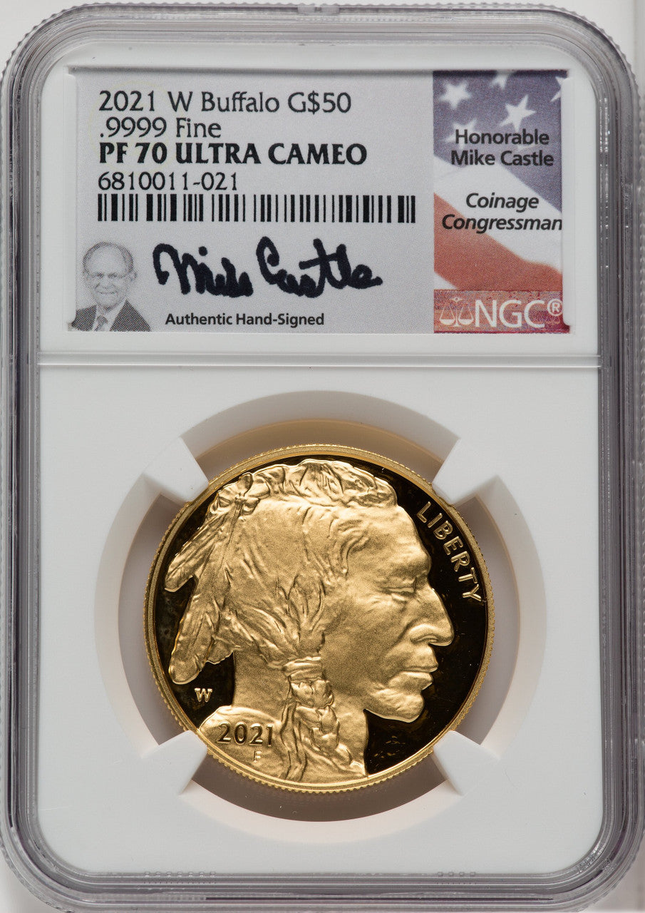 2021-W G$50 Gold Buffalo DCAM Mike Castle Signature NGC PF70