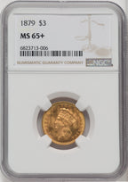 1879 $3 Three Dollar Gold Pieces NGC MS65+
