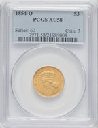 1854-O $3 Three Dollar Gold Pieces PCGS AU58