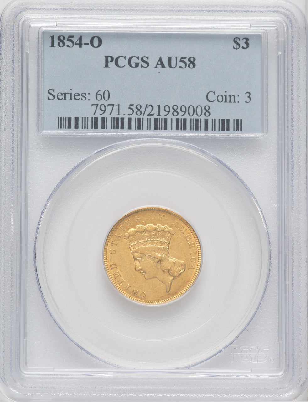 1854-O $3 Three Dollar Gold Pieces PCGS AU58