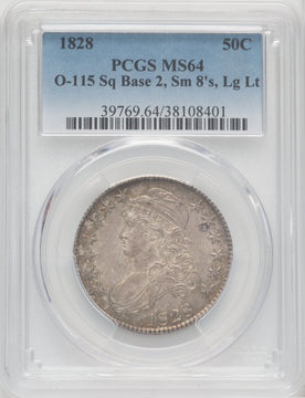 1828 50C Sq Base 2 Sm 8 Lg Let O-115 Bust Half Dollar PCGS MS64