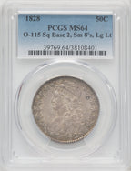 1828 50C Sq Base 2 Sm 8 Lg Let O-115 Bust Half Dollar PCGS MS64