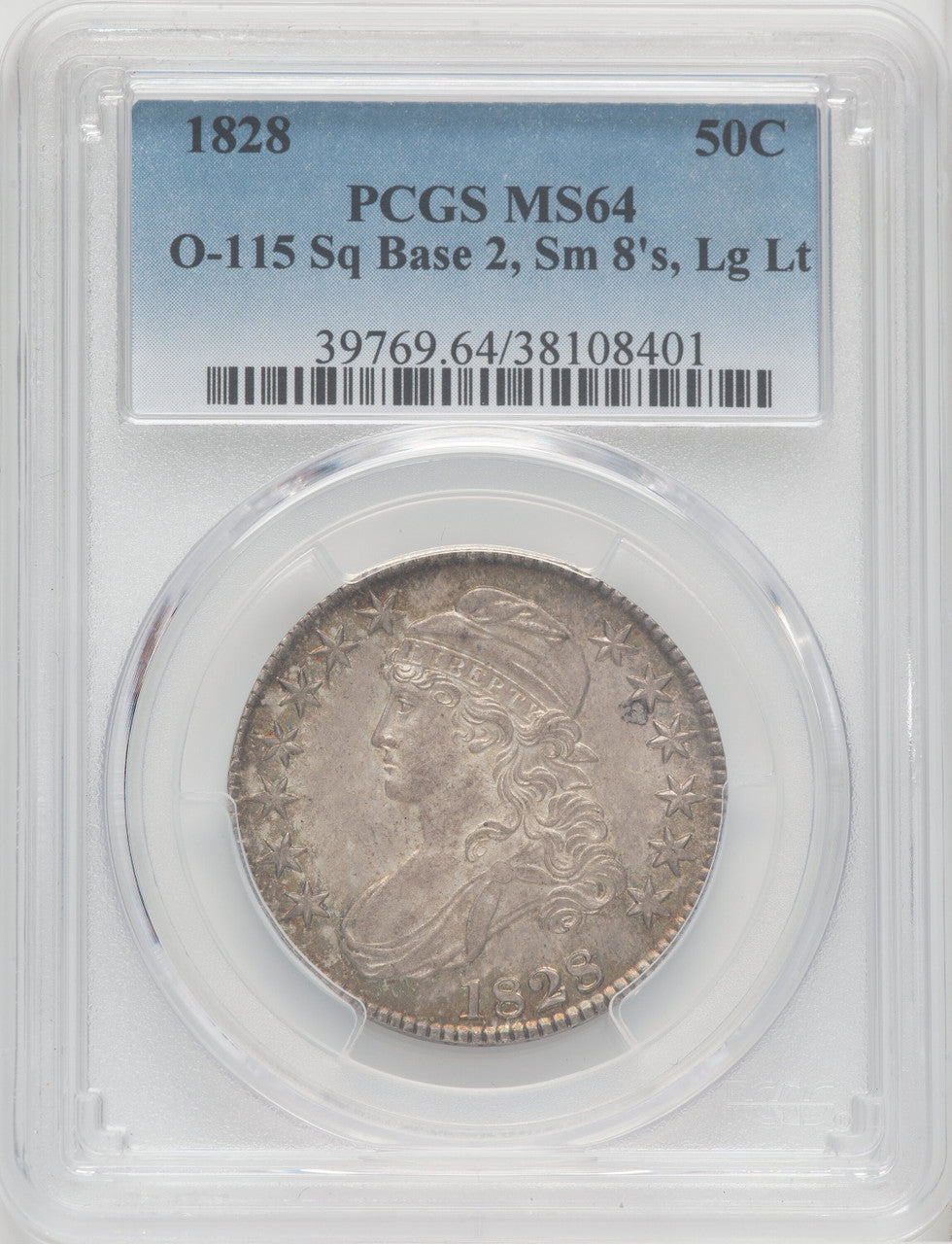 1828 50C Sq Base 2 Sm 8 Lg Let O-115 Bust Half Dollar PCGS MS64