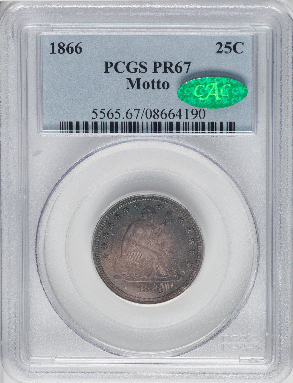 1866 Motto CAC Proof Seated Quarter PCGS PR67