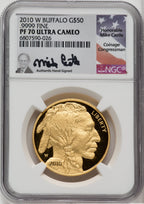 2010-W $50 One-Ounce Gold Buffalo .9999 Fine Gold Mike Castle Signature NGC PF70
