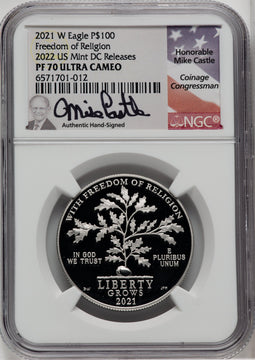 2021-W $100 One-Ounce Platinum Eagle Freedom of Religion Mike Castle Signature NGC PF70