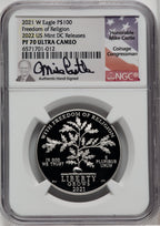 2021-W $100 One-Ounce Platinum Eagle Freedom of Religion Mike Castle Signature NGC PF70