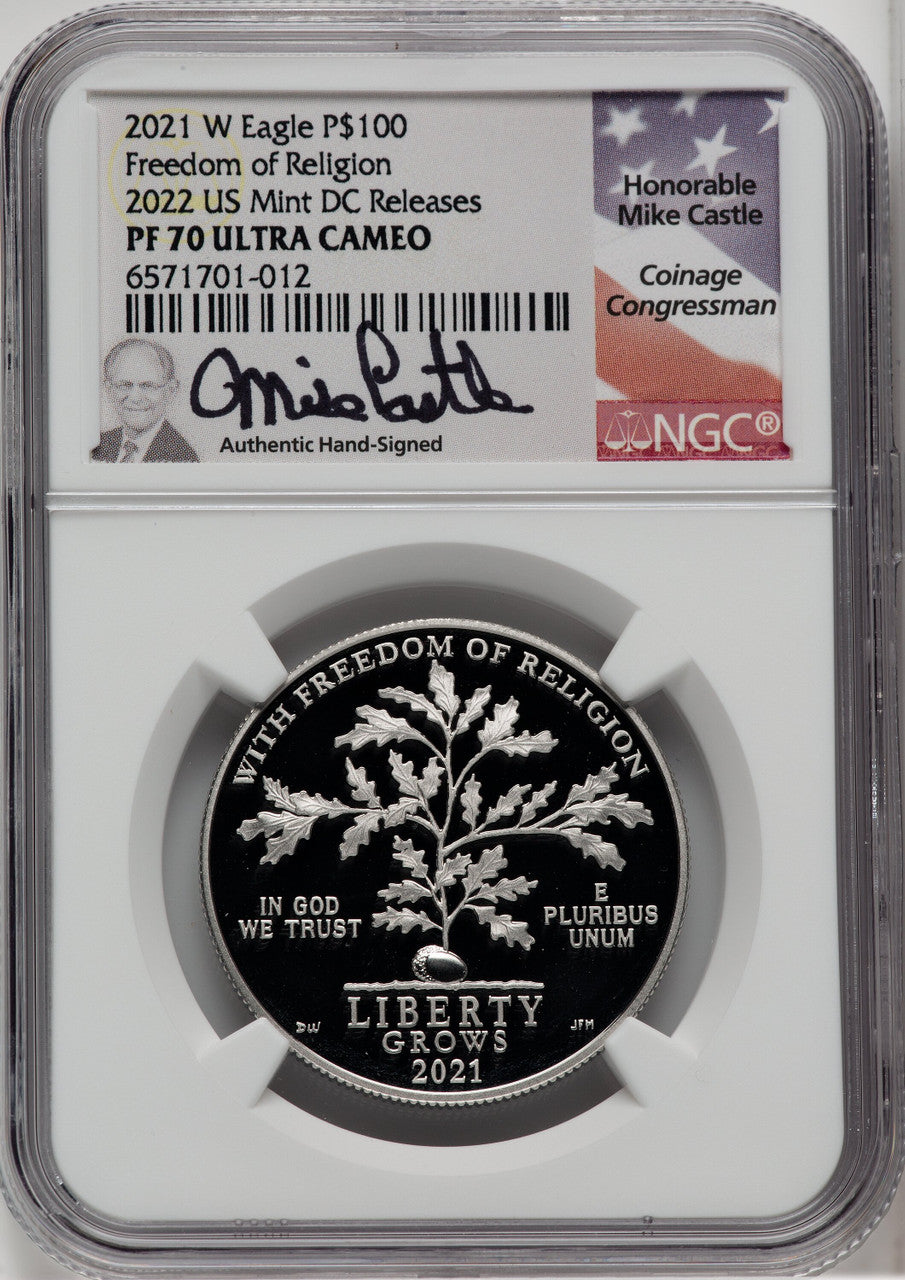 2021-W $100 One-Ounce Platinum Eagle Freedom of Religion Mike Castle Signature NGC PF70