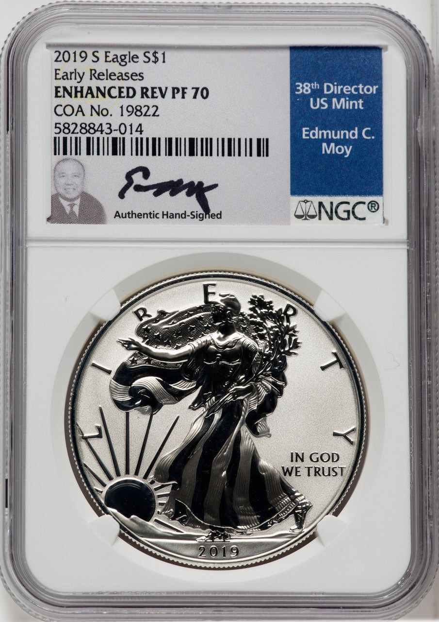 2019-S S$1 Silver Eagle Enhanced Rev First Strike NGC PF70 Ed Moy Signed