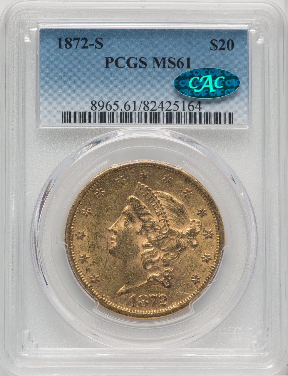 1872-S $20 CAC Liberty Double Eagle PCGS MS61