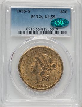 1855-S $20 CAC Liberty Double Eagle PCGS AU55