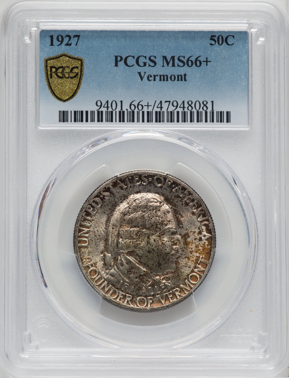 1927 50C Vermont Commemorative Silver PCGS MS66+