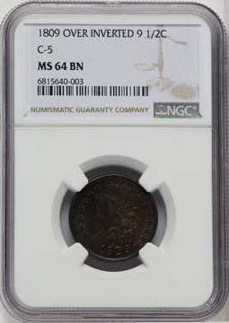 1809/6 1/2 C 9 Over Inverted 9 C-5 BN Half Cent NGC MS64