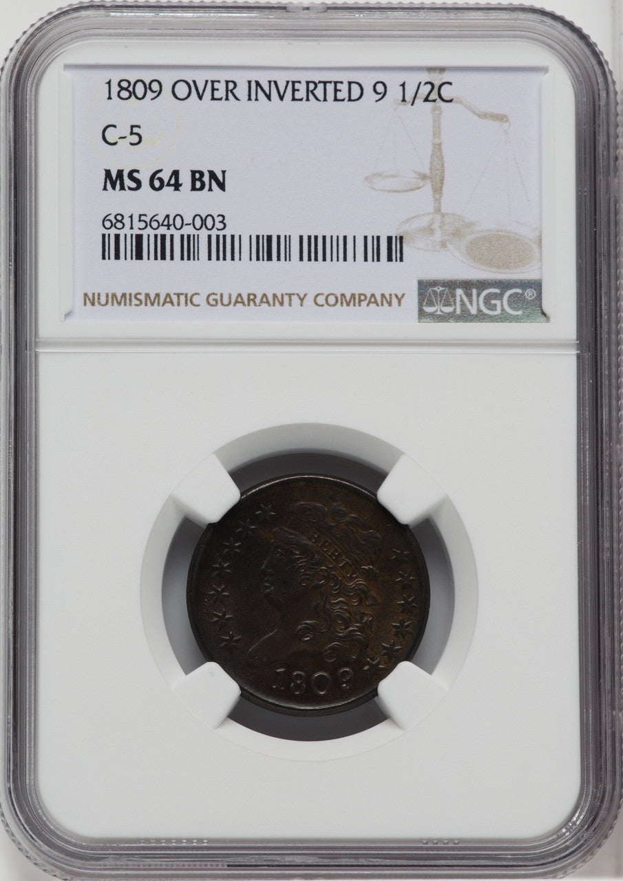 1809/6 1/2 C 9 Over Inverted 9 C-5 BN Half Cent NGC MS64