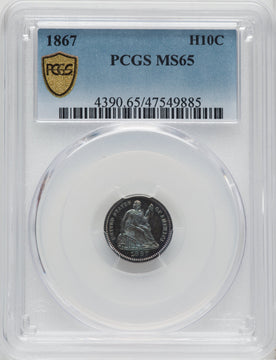 1867 H10C Seated Half Dime PCGS MS65