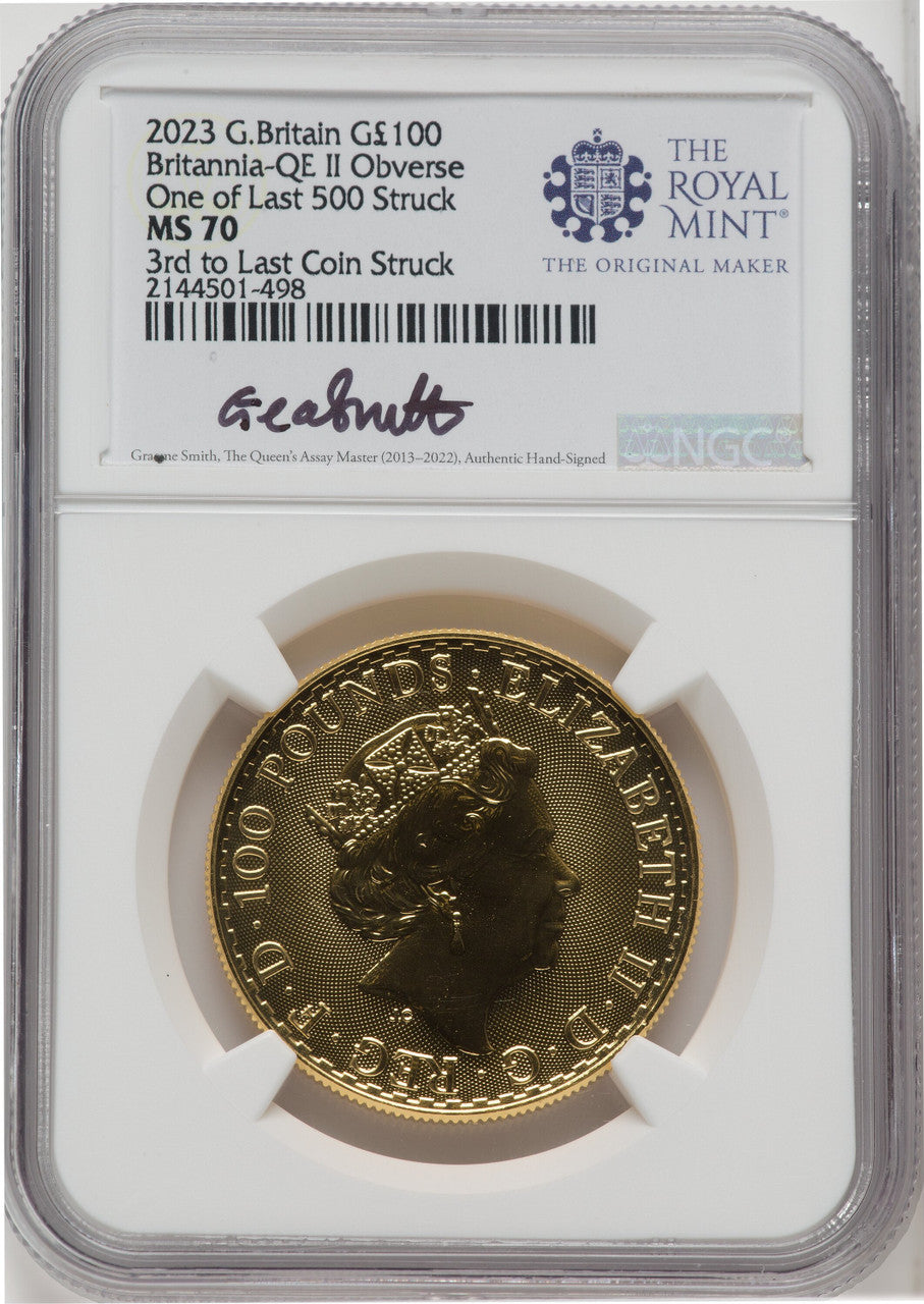 2023 G.B. G100 BRITANNIA-QE II OBVERSE 3RD TO LAST COIN STRUCK Royal Succession NGC MS70