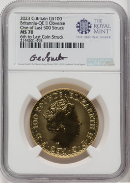 2023 G.B. G100 BRITANNIA-QE II OBVERSE 6TH TO LAST COIN STRUCK Royal Succession NGC MS70