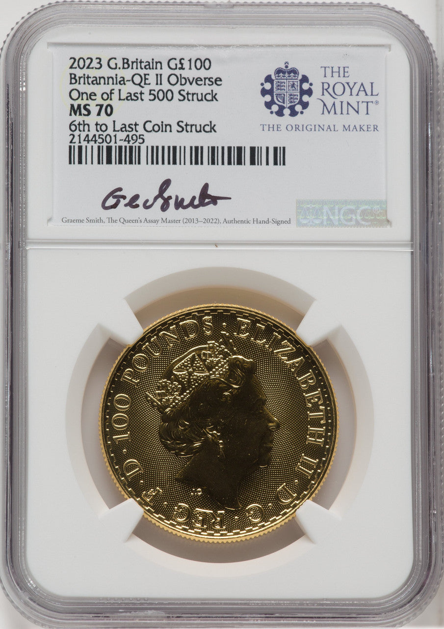 2023 G.B. G100 BRITANNIA-QE II OBVERSE 6TH TO LAST COIN STRUCK Royal Succession NGC MS70