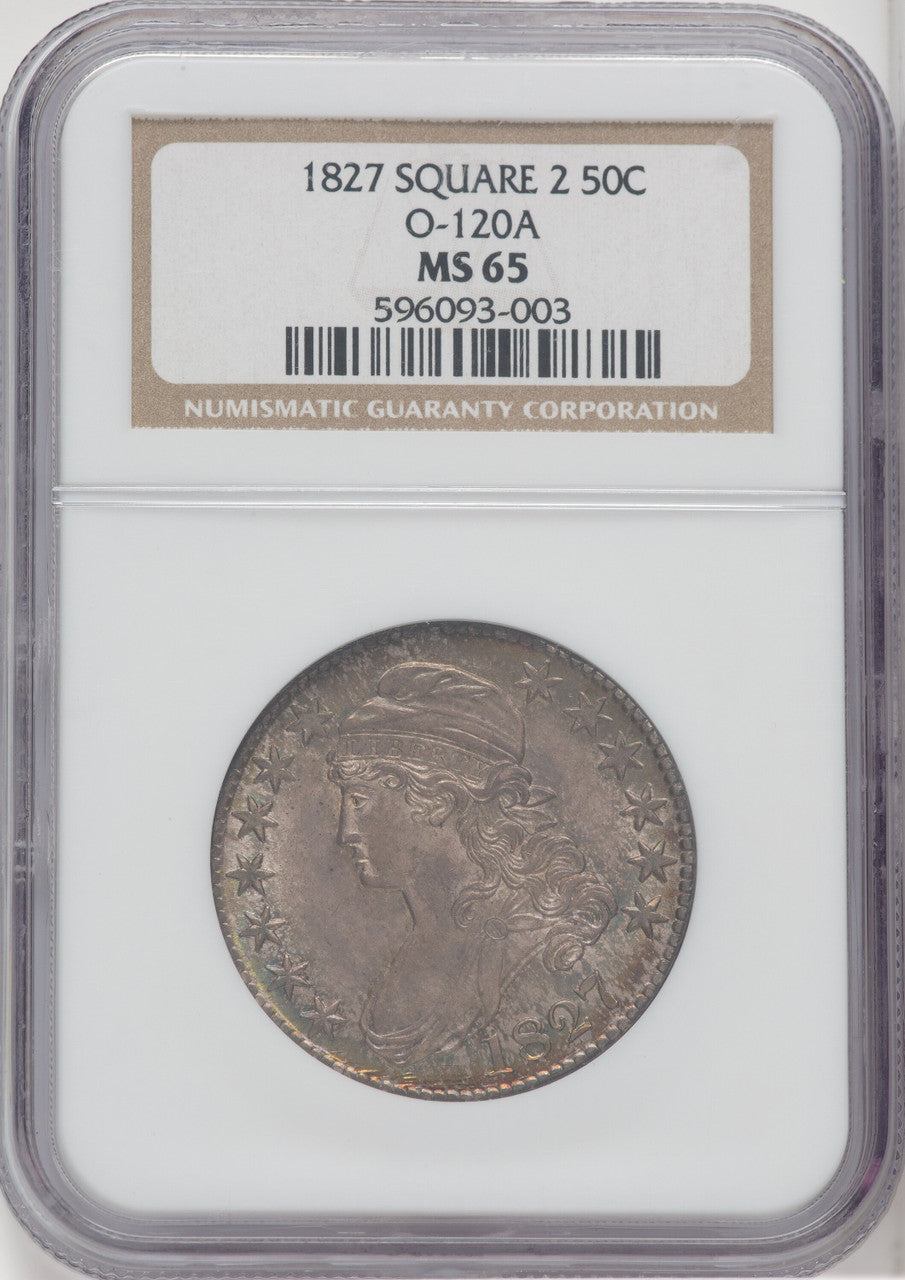 1827 50C Square Base 2 O-120a Bust Half Dollar NGC MS65
