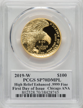2019-W $100 High Relief Enhanced First Day of Issue Cleveland Bell DMPL PCGS SP70
