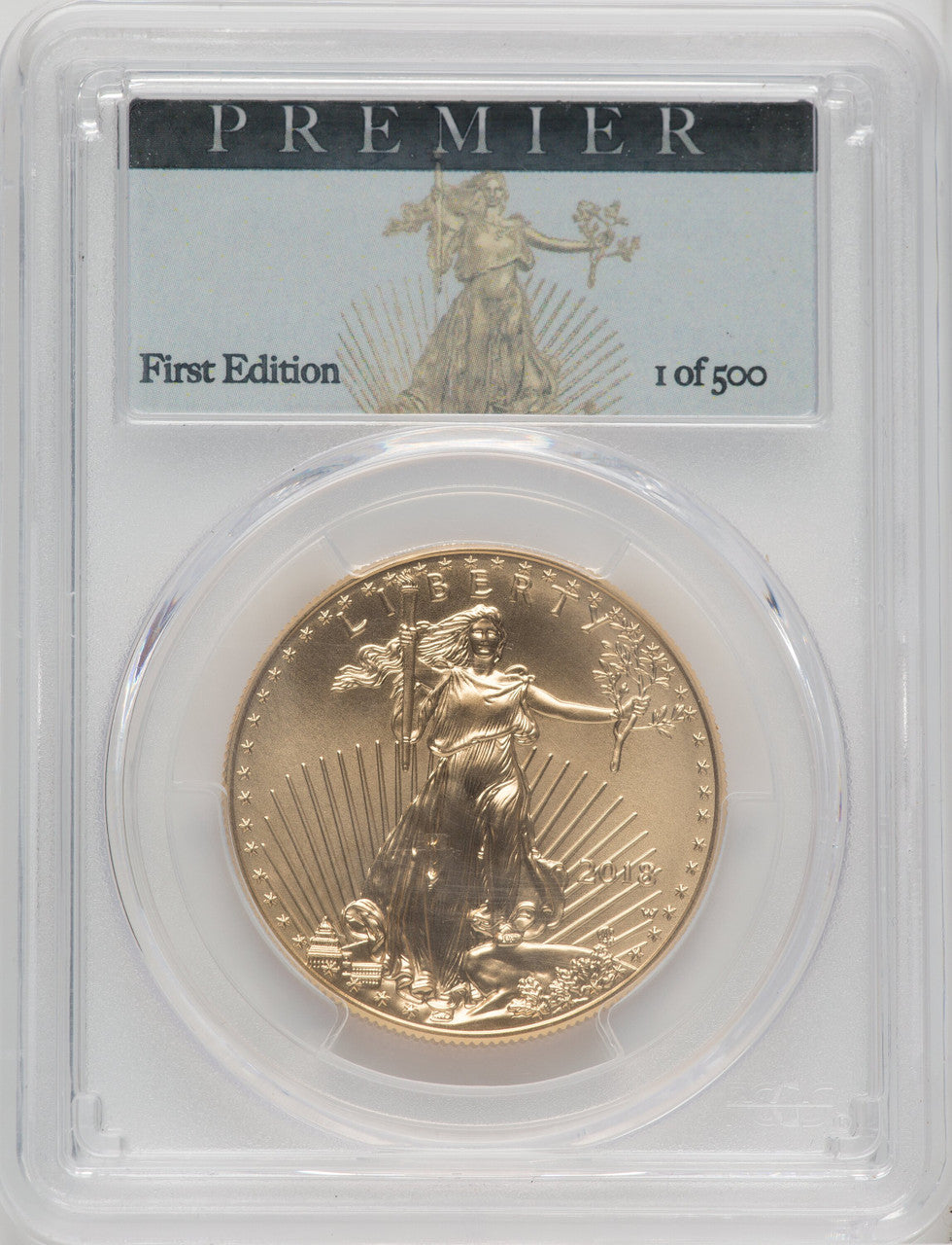 2018-W G$50 One Ounce Burnished Gold Eagle Premier FE 1 of 500 PCGS SP70