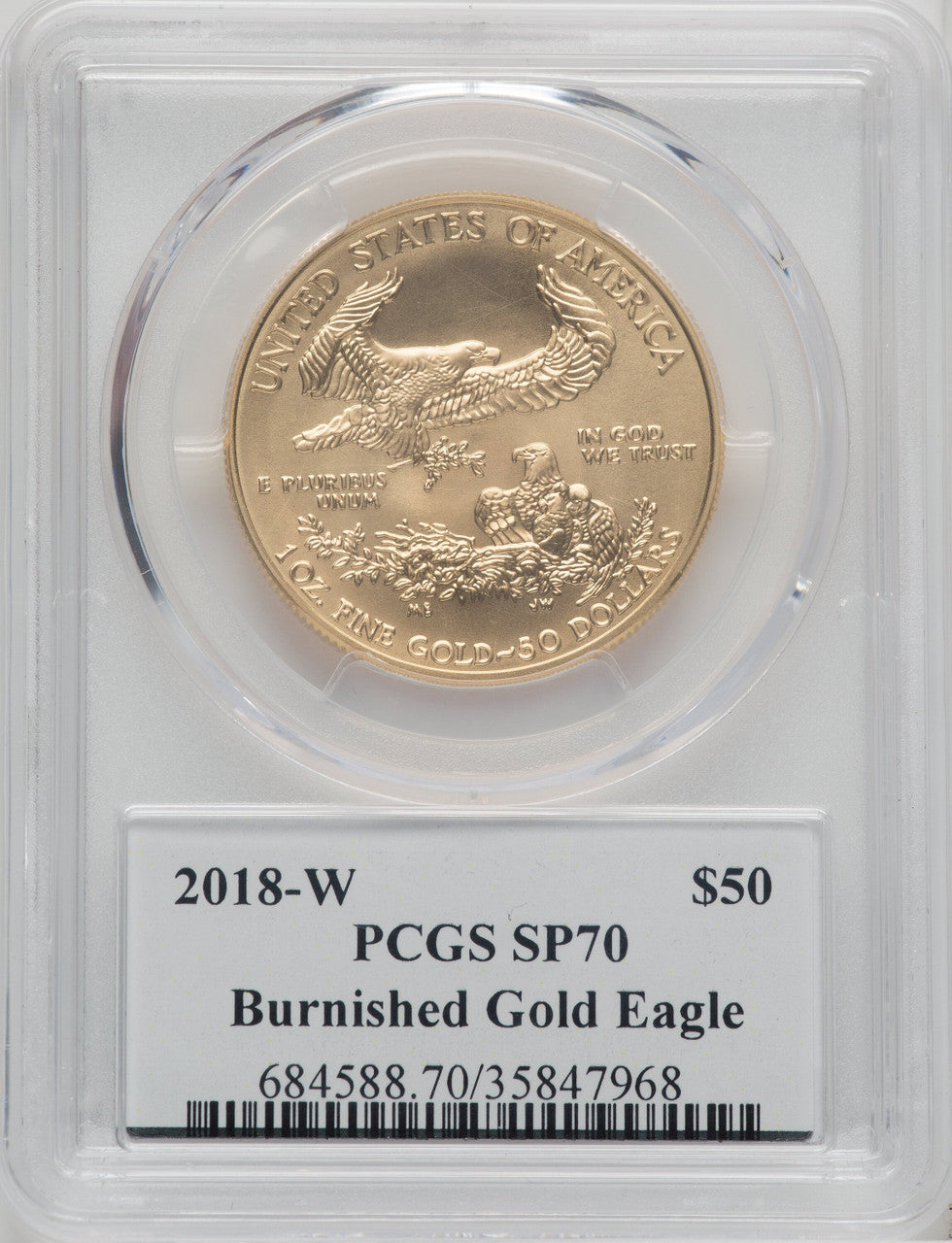 2018-W G$50 One Ounce Burnished Gold Eagle Premier FE 1 of 500 PCGS SP70