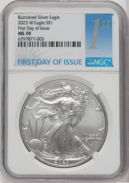 2023-W S$1 Silver Eagle Burnished First Day of Issue NGC MS70