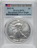 2023-W S$1 Silver Eagle Burnished First Day of Issue PCGS SP70