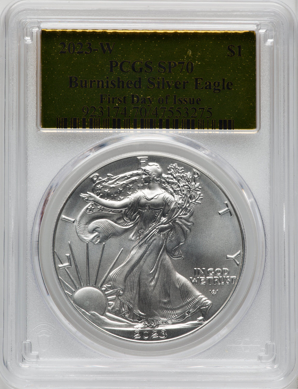 2023-W S$1 Silver Eagle Burnished First Day of Issue FDI Gold Foil PCGS SP70