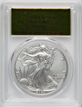 2023-W S$1 Silver Eagle Burnished Advanced Release AR Gold Foil PCGS SP70