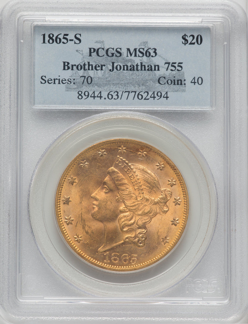 1865-S $20 Liberty Double Eagle PCGS MS63