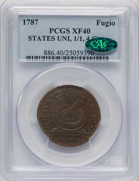 1787 Fugio Cent STATES UNITED 1/Horizontal 1 BN CAC Federal Contract Coinage PCGS XF40