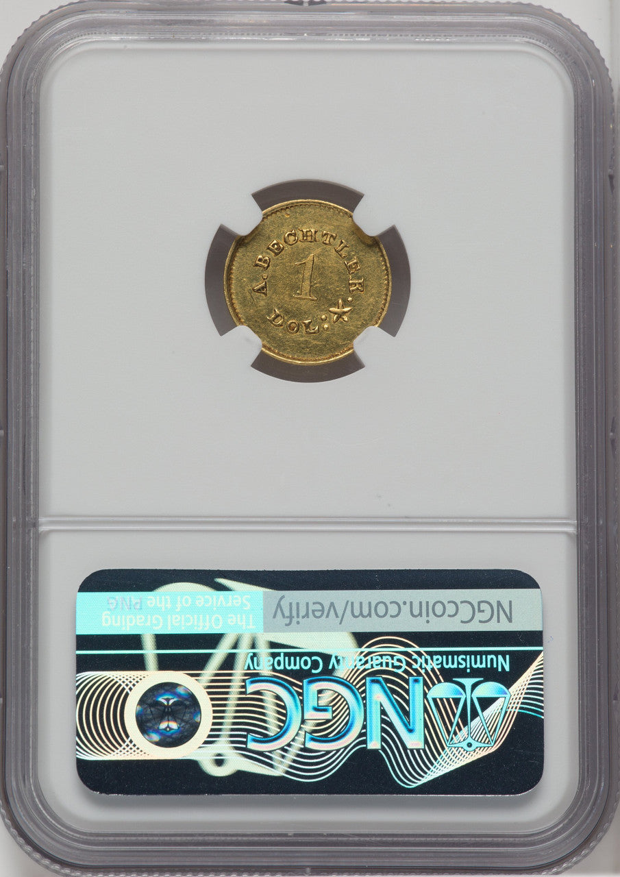 1842-52 A. Bechtler Dollar 27G. 21C. Plain Edge Territorial Gold NGC MS61