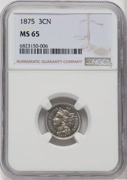 1875 3CN Three Cent Nickel NGC MS65