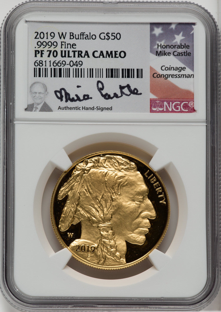 2019-W $50 One-Ounce American Buffalo .9999 Fine Gold Mike Castle Signature NGC PF70