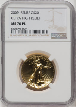 2009 $20 One-Ounce Gold Ultra High Relief PL Brown Label NGC MS70