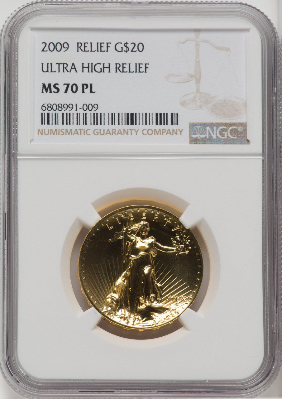 2009 $20 One-Ounce Gold Ultra High Relief PL Brown Label NGC MS70
