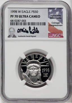 1998-W $50 Half-Ounce Platinum Eagle Mike Castle Signature NGC PF70