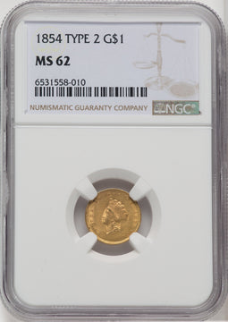 1854 Type Two Gold Dollar NGC MS62