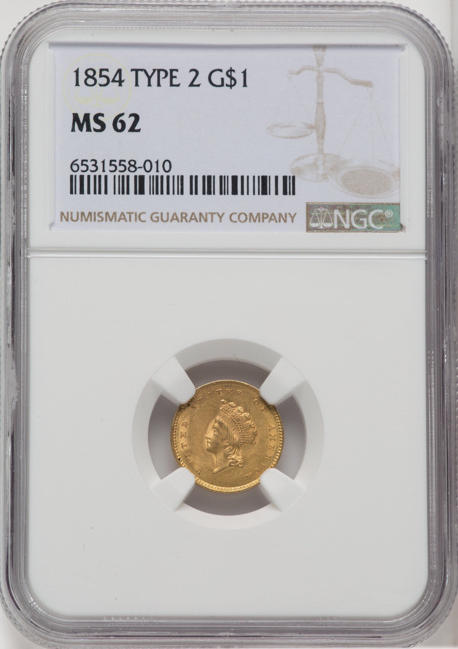 1854 Type Two Gold Dollar NGC MS62