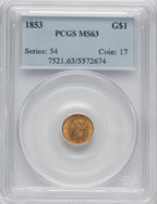 1853 G$1 Gold Dollar PCGS MS63