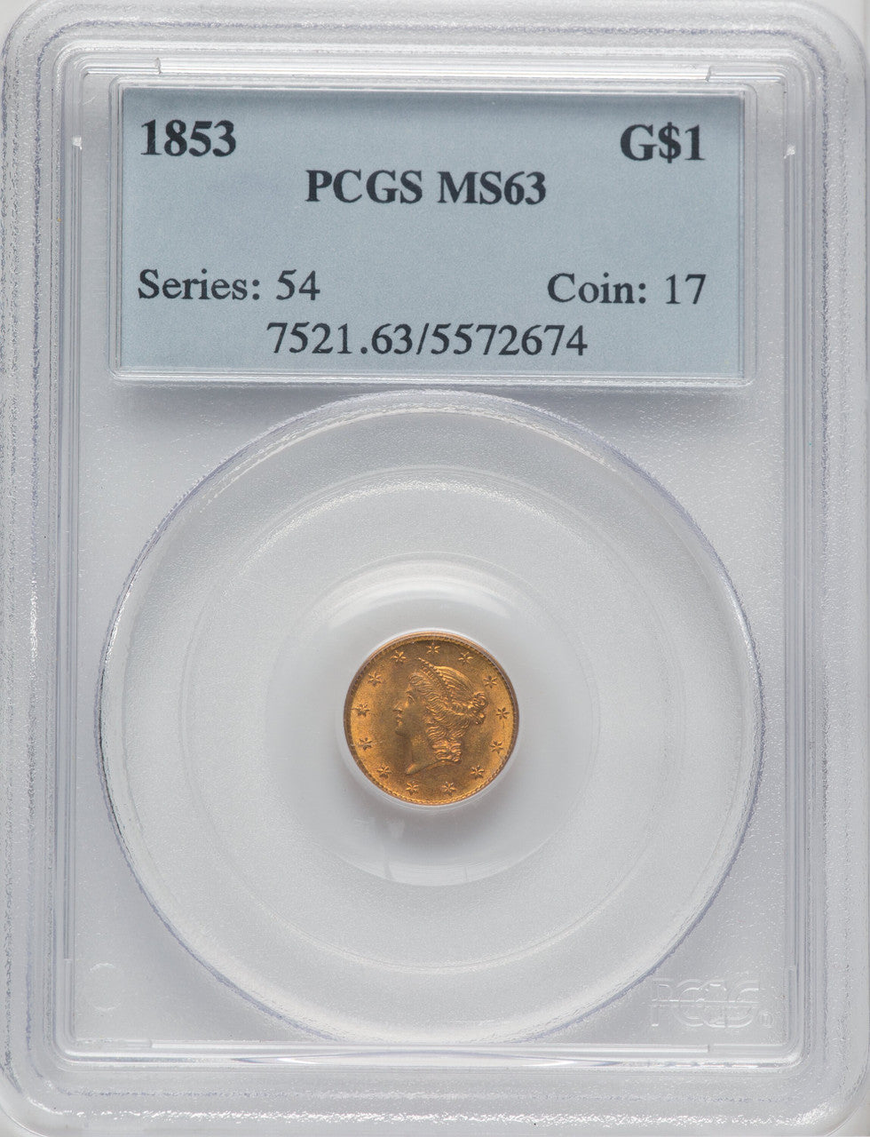1853 G$1 Gold Dollar PCGS MS63